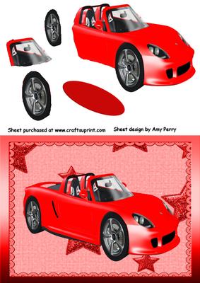 Red Shiny Car on Pretty Red Star Backing Paper