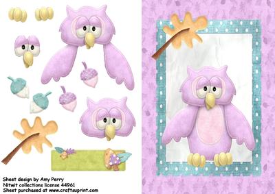 Cute Little Purple Owl in Blue Spotty Frame