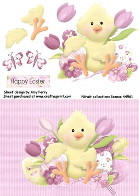 Cute Yellow Chick with Purple Eggs & Flowers