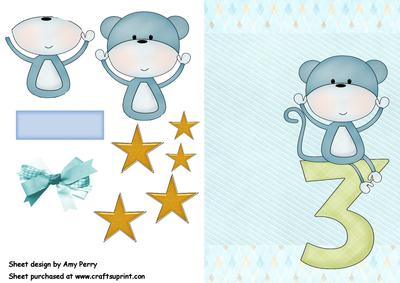 Cuddly Baby Blue Monkey with Number 3