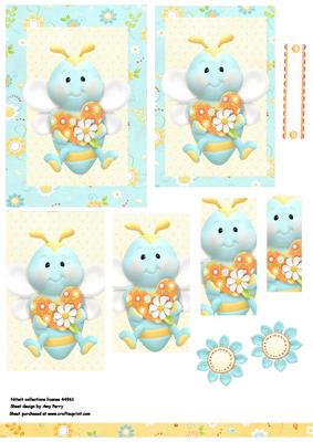 Cute Little Blue Bee in Blue Floral Frame Pyramids