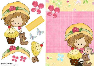 Cute Little Girl with Cupcake, Doll & Teddy