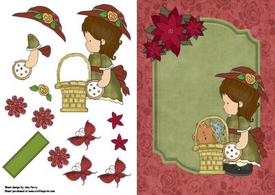 Little Girl with Christmas Basket in Dark Green Frame