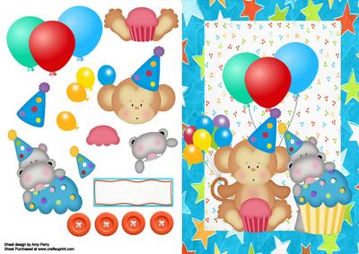 Cute Birthday Hippo & Monkey with Balloons