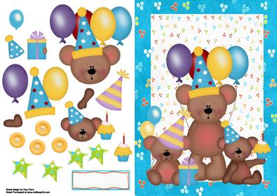 Cute Birthday Bear Family with Balloons