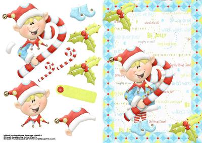 Cute Elf in Blue Outfit with Red & White Candy Cane