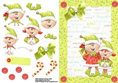 Little Boy & Girl Elf in Green Holly Frame