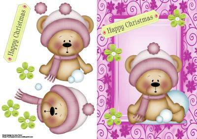 Cute Snow Bear with Pink Hat & Scarf