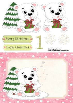 Polar Bear with Christmas Tree on Pink Snowfall