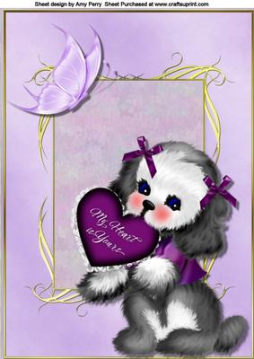 Lovely Dog with Lilac Bows & Heart A4