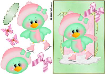 Cute Green Bird with Pink Ice Skates