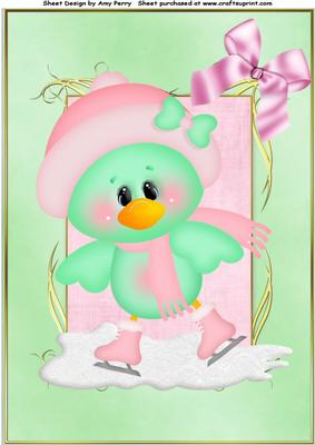 Cute Green Bird with Pink Ice Skates A4