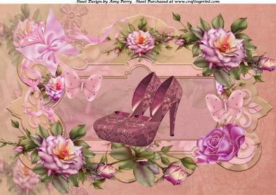 Beautiful Pink Lace Shoe & Pink Flowers A4