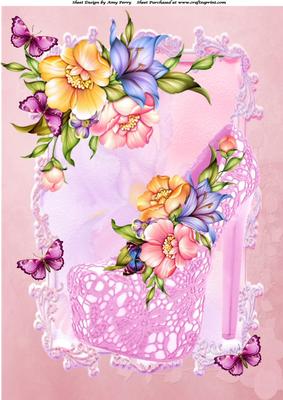 Lovely Pink Lace Shoe with Pastel Coloured Flowers A4