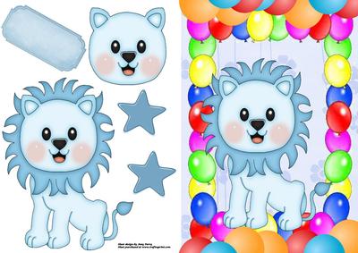 Cute Blue Lion with Birthday Balloons