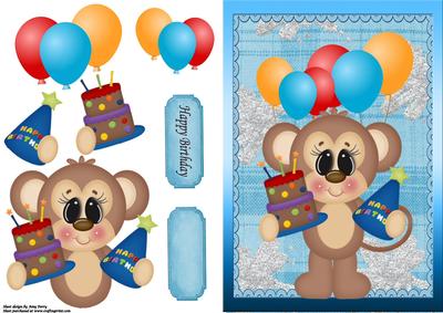 Cute Monkey with Party Hat & Birthday Cake