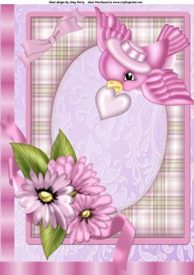 Beautiful Pink & Lilac Flowers & Little Pink Bird A4