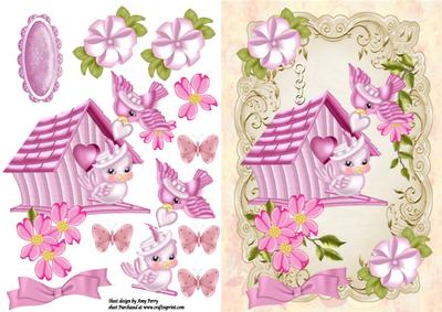 Cute Pink Bird House with Little Love Birds