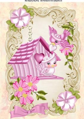 Cute Pink Bird House with Little Love Birds A4