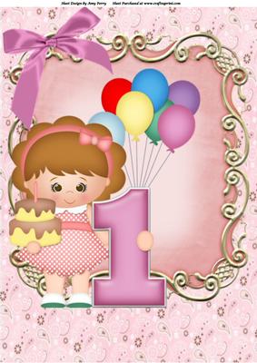 Girls 1st Birthday with Cake & Balloons A4
