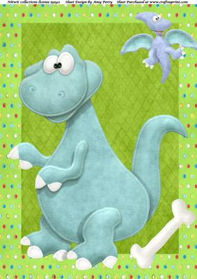 Big Blue Dinosaur in Green Spotty Frame A4