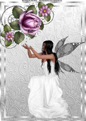 Beautiful White Angel with Purple Roses A4