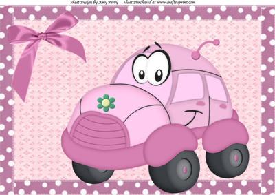 Cute Pink Car in Pink Polka Dot Frame A4