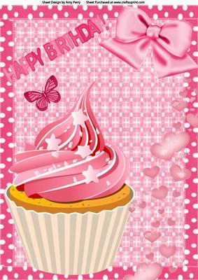 Lovely Pink Happy Birthday Cupcake A4
