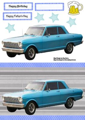 Lovely Blue Car on Grey Pinstripe Backing Paper