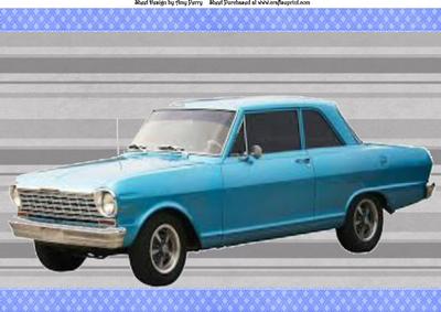 Lovely Blue Car on Grey Pinstripe Backing Paper A4