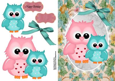 Cute Pink & Blue Owl in Silver Oval Frame