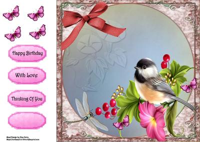 Lovely Little Bird with Berries & Flowers 8x8