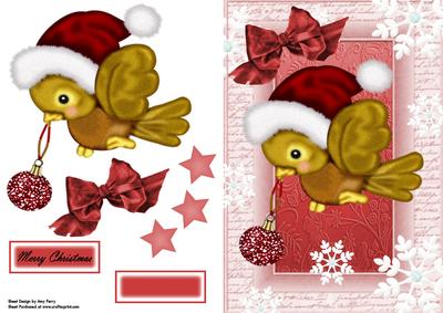 Lovely Christmas Bird with Red Glitter Bauble & Red Hat