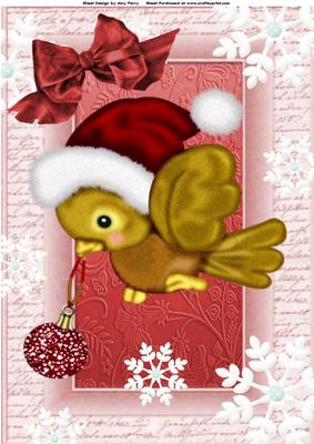Lovely Christmas Bird with Red Glitter Bauble & Red Hat A4