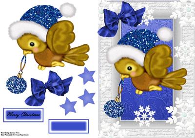 Lovely Christmas Bird with Blue Glitter Bauble & Blue Hat