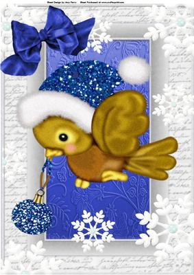 Lovely Christmas Bird with Blue Glitter Bauble & Blue Hat A4