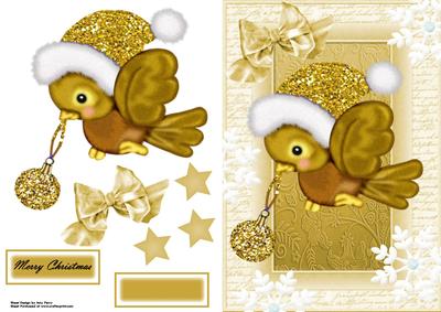 Lovely Christmas Bird with Gold Glitter Bauble & Gold Hat