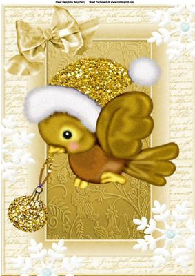 Lovely Christmas Bird with Gold Glitter Bauble & Gold Hat A4