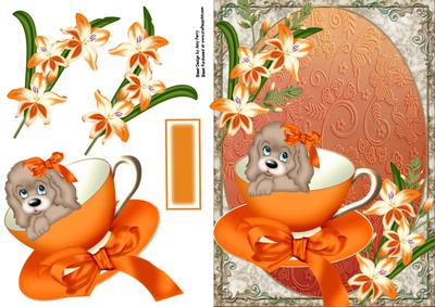 Cute Dog with Orange Bow in Orange Teacup