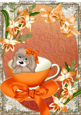 Cute Dog with Orange Bow in Orange Teacup A4