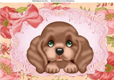 Adorable Puppy on Pink & Red Poppy Backing Paper A4