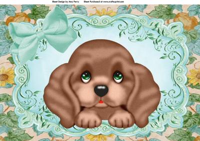 Cute Brown Puppy on Floral Backing Paper A4