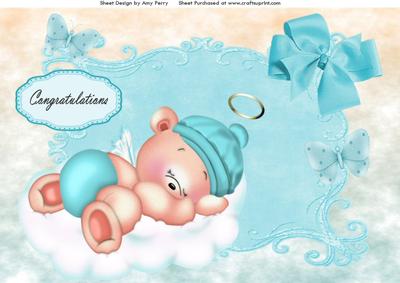 Lovely Baby Boy Teddy Bear on a Cloud A4