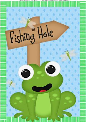 Lovely Green Frog with Fishing Hole Sign A4