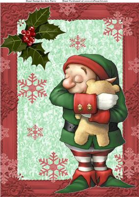 Lovely Little Christmas Elf Cuddling a Bear A4