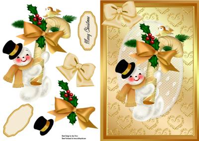 Lovely White Snowman with Gold Candy Cane
