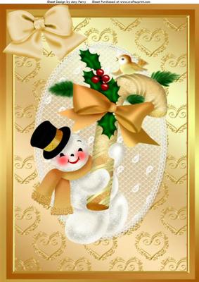 Lovely White Snowman with Gold Candy Cane A4