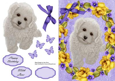 Lovely Fluffy White Puppy in Yellow Rose Frame