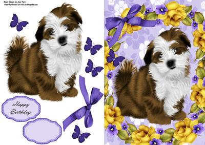 Lovely Brown & White Fluffy Pup in Yellow Rose Frame