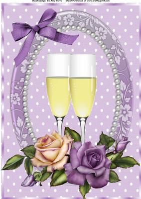 Beautiful Lilac & Cream Rose's & Champagne Glass's A4